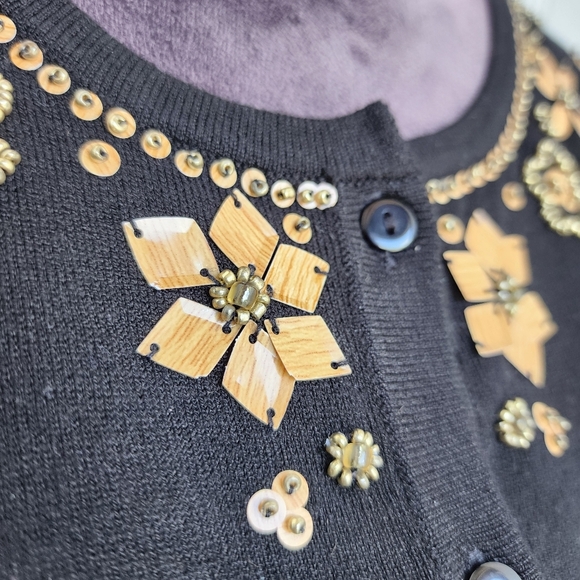 CABLE & GAUGE Cardigan Womens Silk Blend Cropped Embellished Sweater Black Sz L - Picture 4 of 11